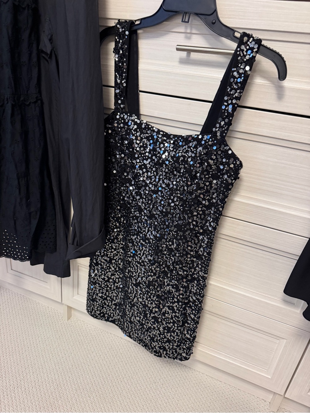 Black Sequin Square-Neck Mini Dress with Wide Straps